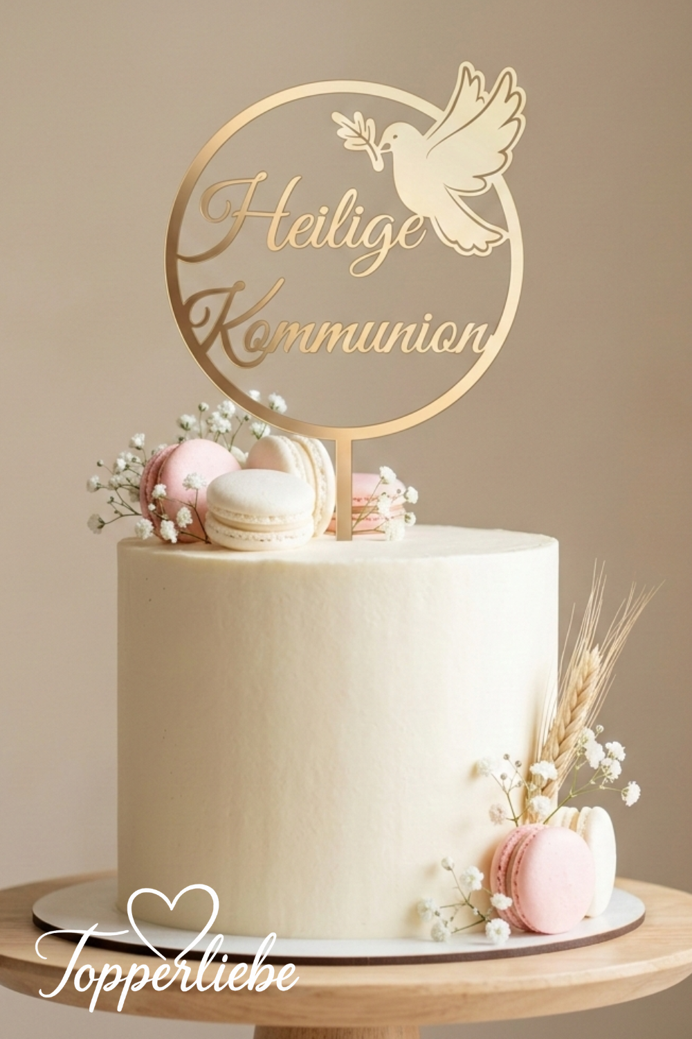 Runder Cake Topper Heilige Kommunion mit Taube Motiv 1 auf moderner Kommunionstorte