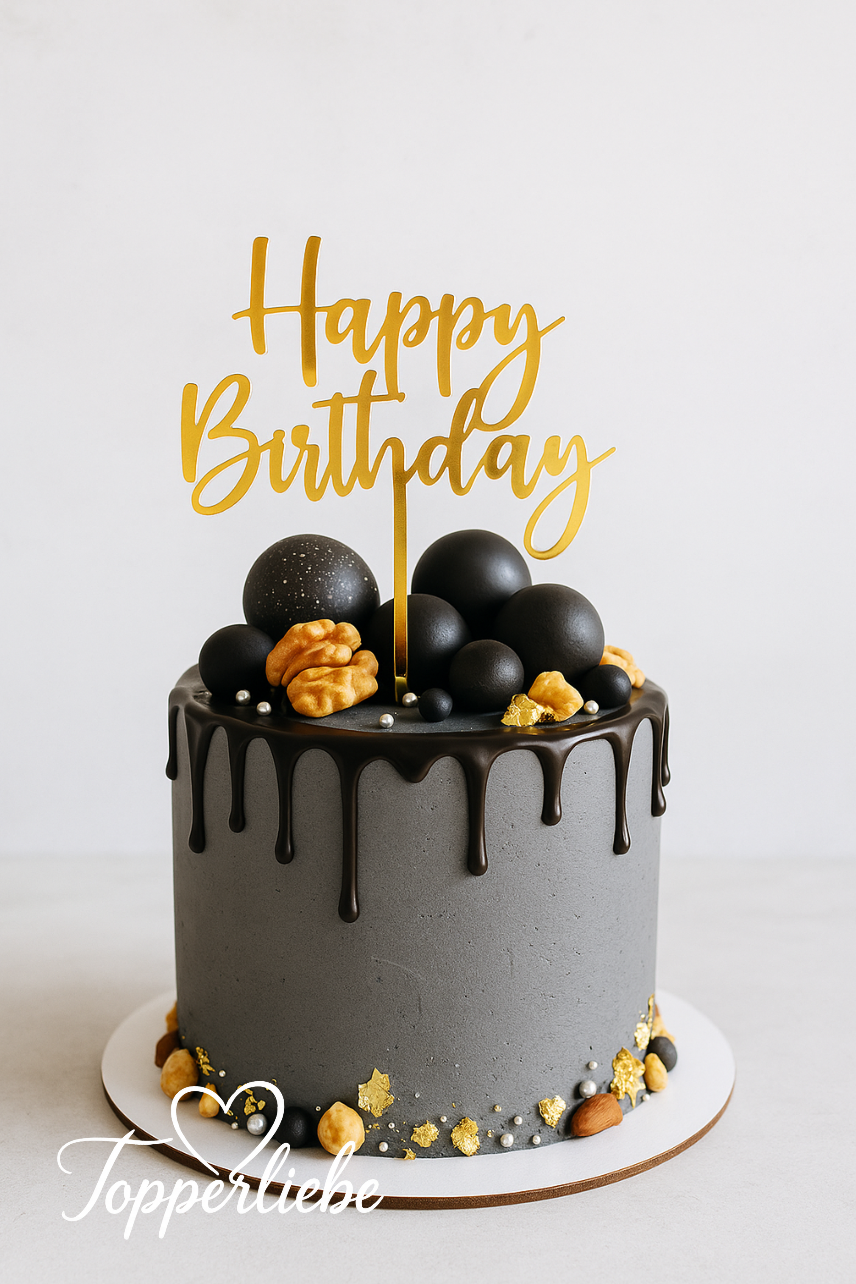 Happy Birthday Torten Topper – Motiv 1 auf modernem Tortendesign mit eleganten Dekorationen.