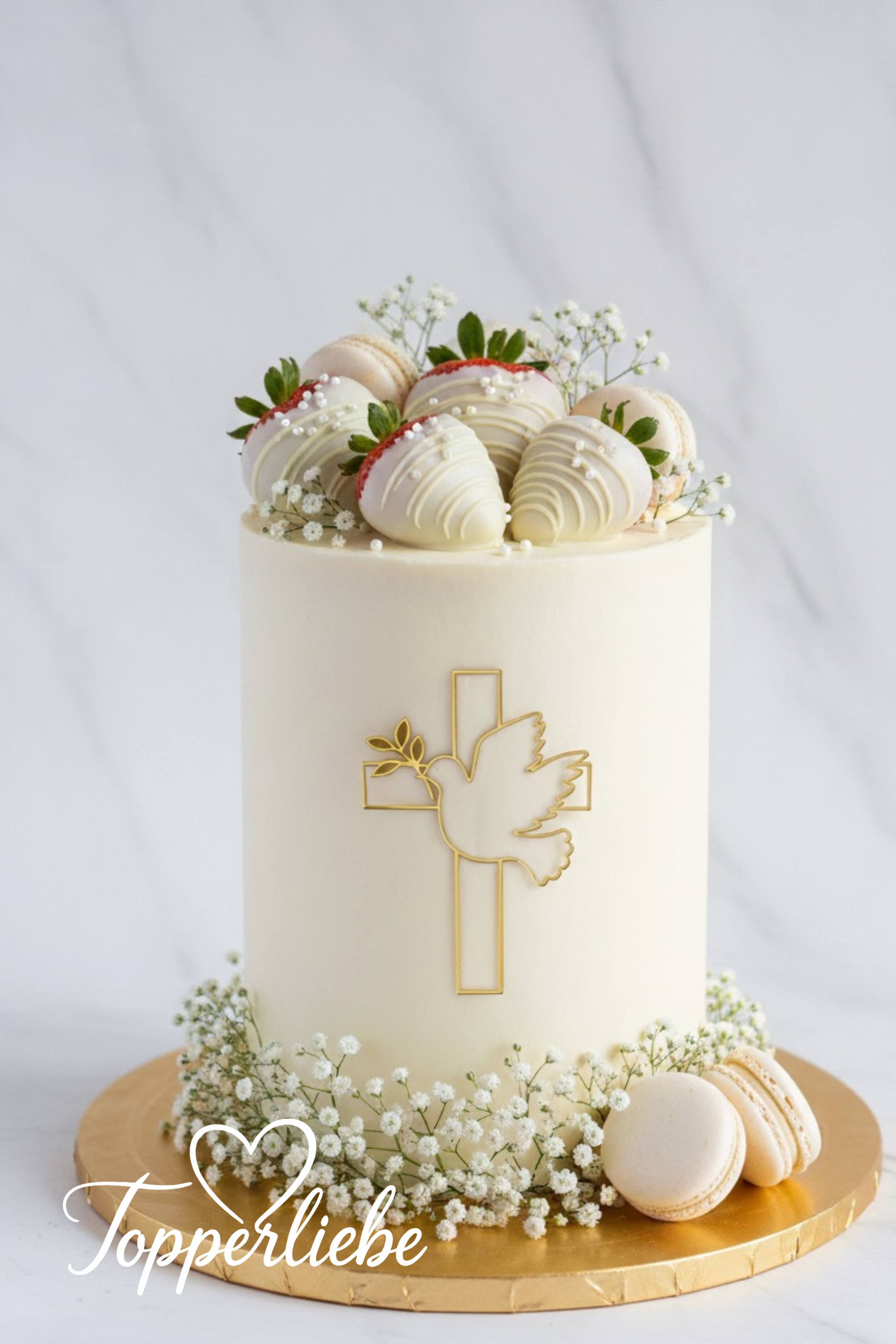 Dekor Kreuz mit Taube – Motiv 2 in Spiegelacryl Gold, religiöses Symbol für Taufe oder Kommunion, seitlich am weißen Tort platziert – Topperliebe
