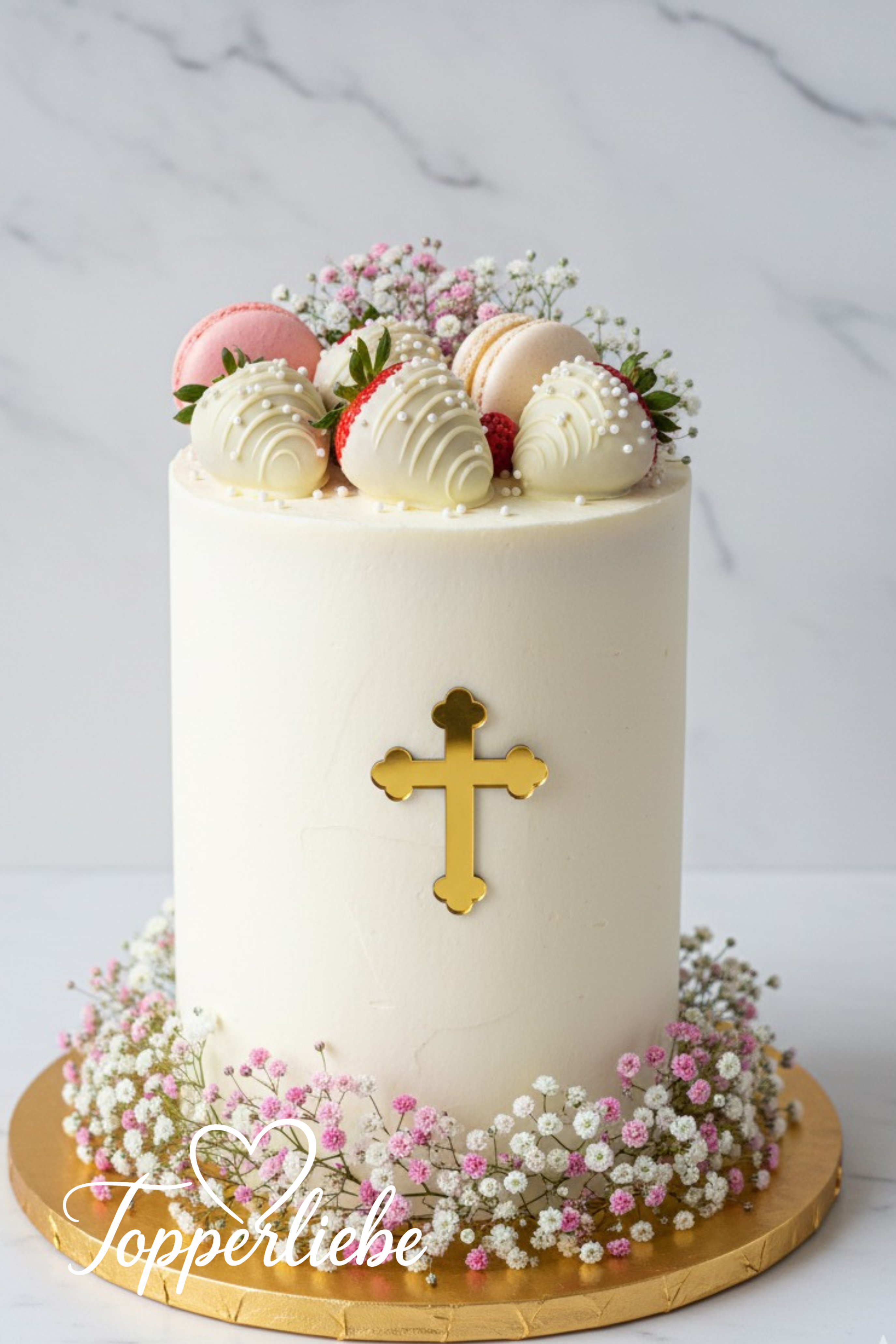 Dekor Kreuz Variante 1 in Spiegelacryl Gold – klassisches religiöses Motiv für Taufe oder Kommunion, seitlich am weißen Tort platziert – Topperliebe