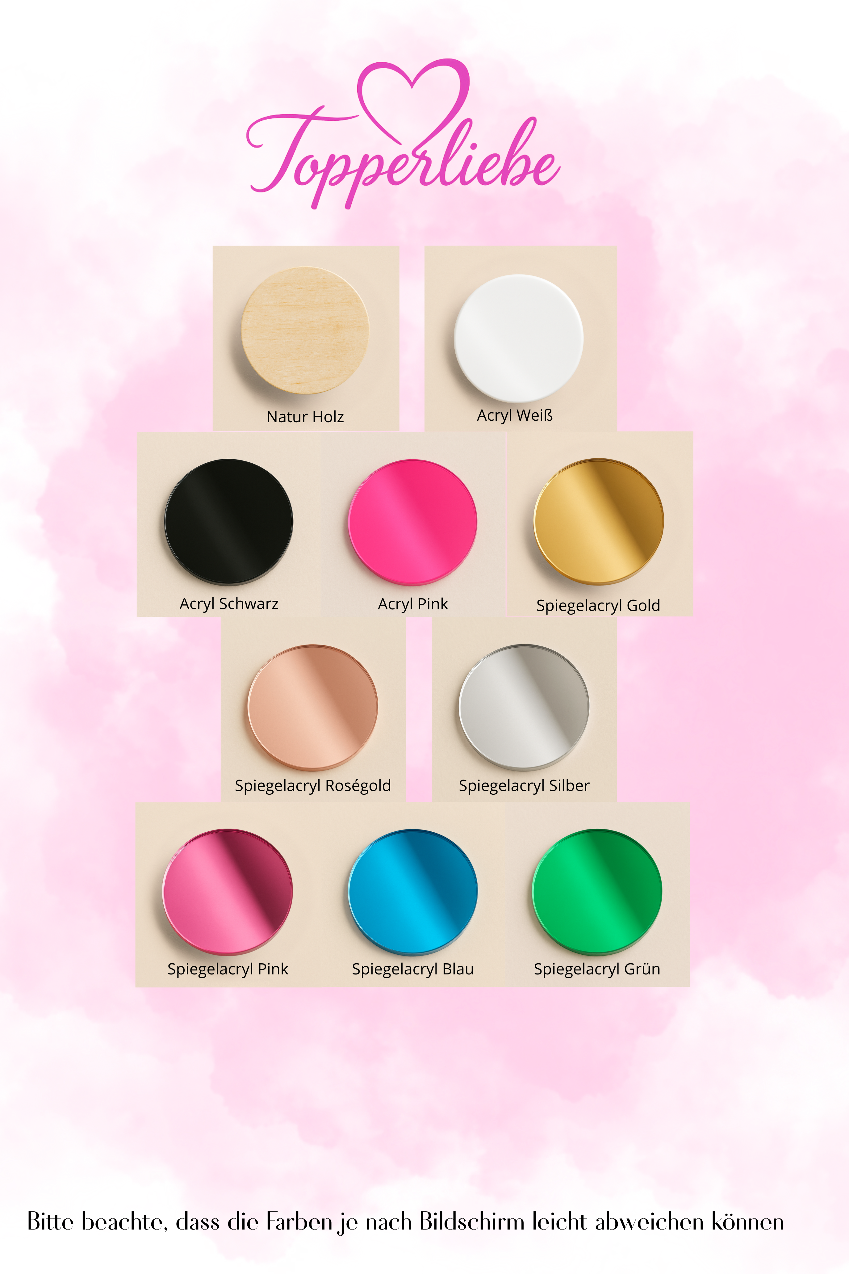 Topperliebe Materialproben – Farbübersicht mit Holz, Acryl und Spiegelacryl in Gold, Silber, Roségold, Pink, Blau, Grün, Schwarz, Weiß – Farbmusterkarte für Tortentopper