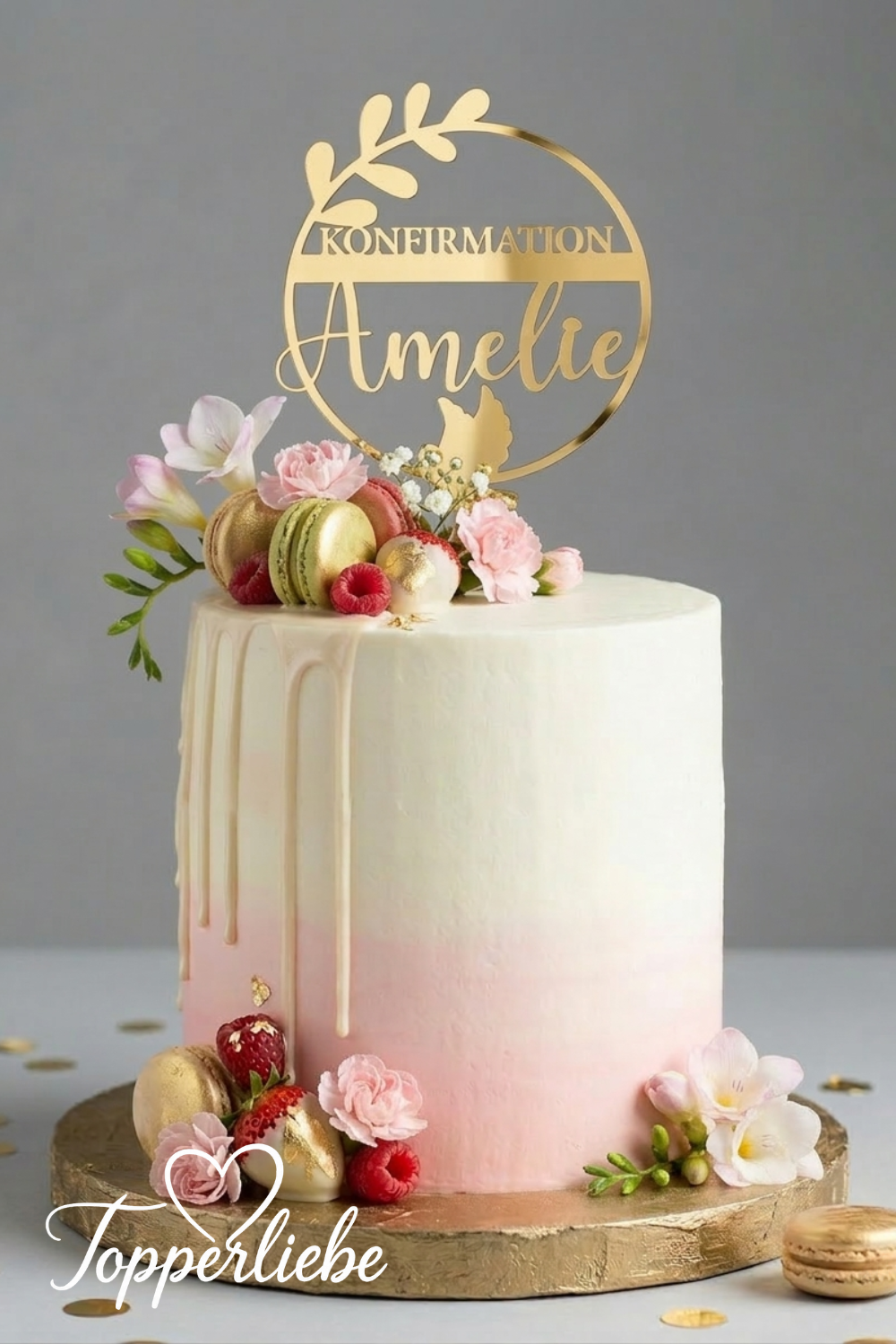 Personalisierter Cake Topper Konfirmation mit Taube und Name auf moderner Torte, elegante Tortendekoration