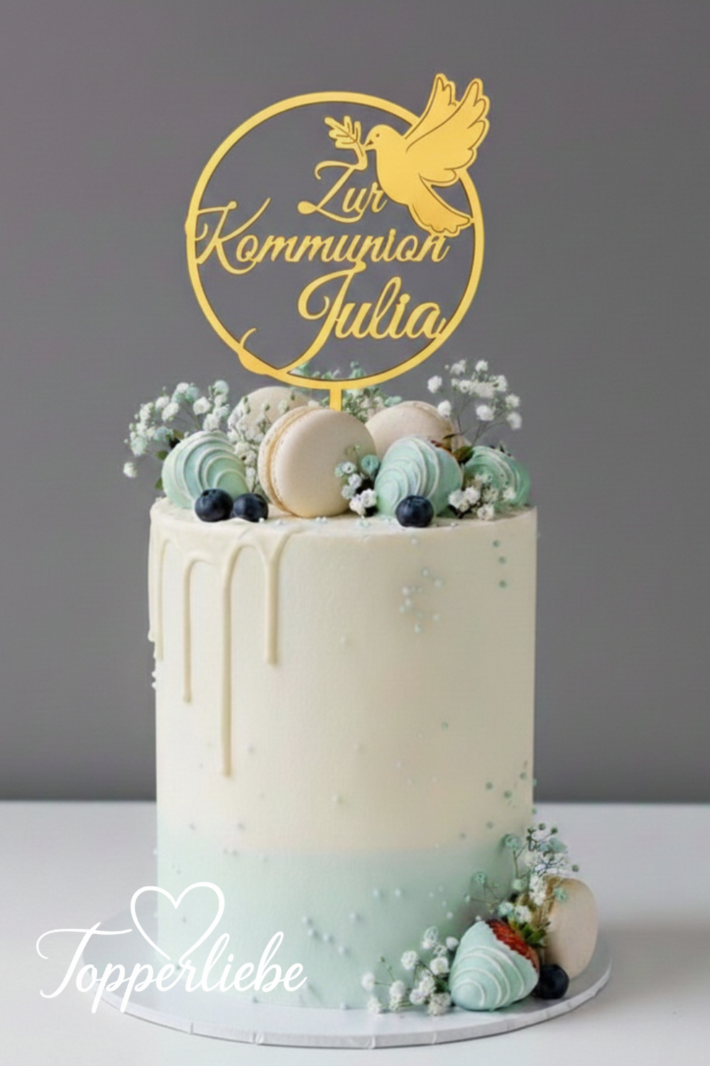 Cake Topper zur Kommunion mit Name, runder Kreis mit Taube in goldener Optik auf Torte