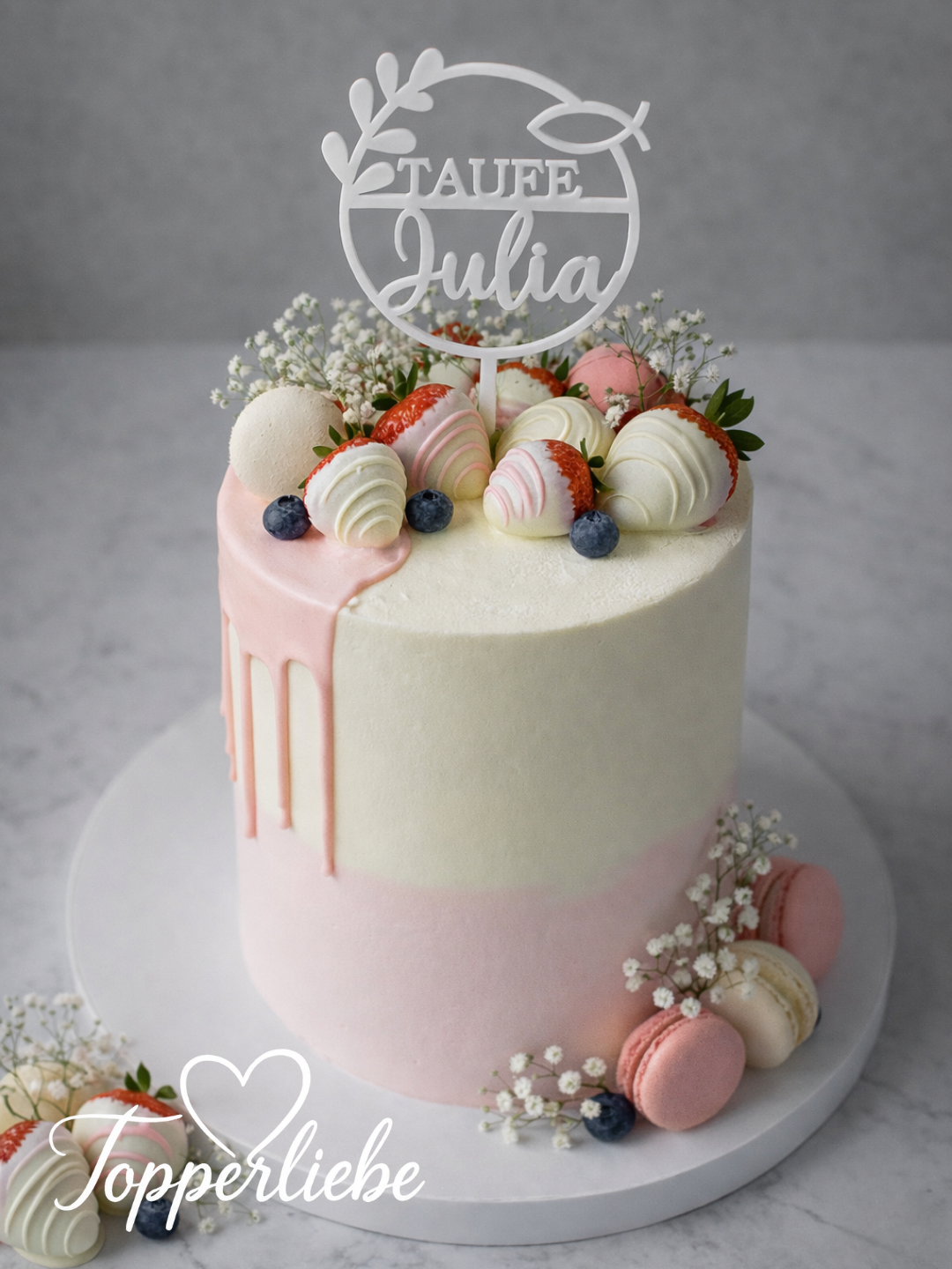 Runder Torten Topper zur Taufe mit Fischsymbol und individuellem Namen