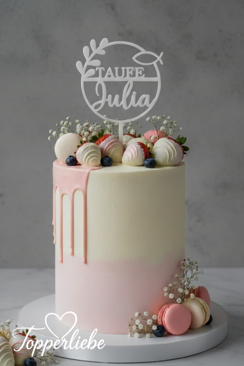Personalisierter Torten Topper zur Taufe mit Name im Kreisdesign und