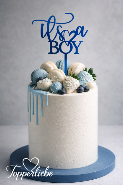 Torten Topper It’s a Boy mit Herz in Blau auf eleganter Babyparty Torte, Dekoration für Geburt oder Baby Shower Junge