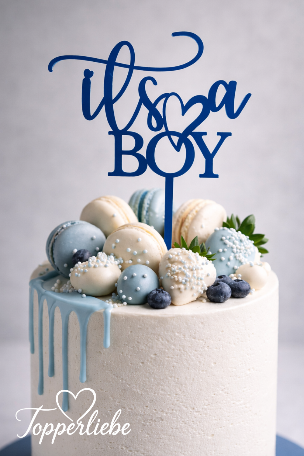 Torten Topper It’s a Boy mit Herz in Blau auf eleganter Babyparty Torte, Dekoration für Geburt oder Baby Shower Junge