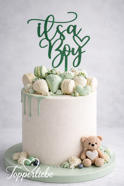 It’s a Boy Cake Topper mit Herz auf weißer Torte mit moderner Babyparty Dekoration für Jungen