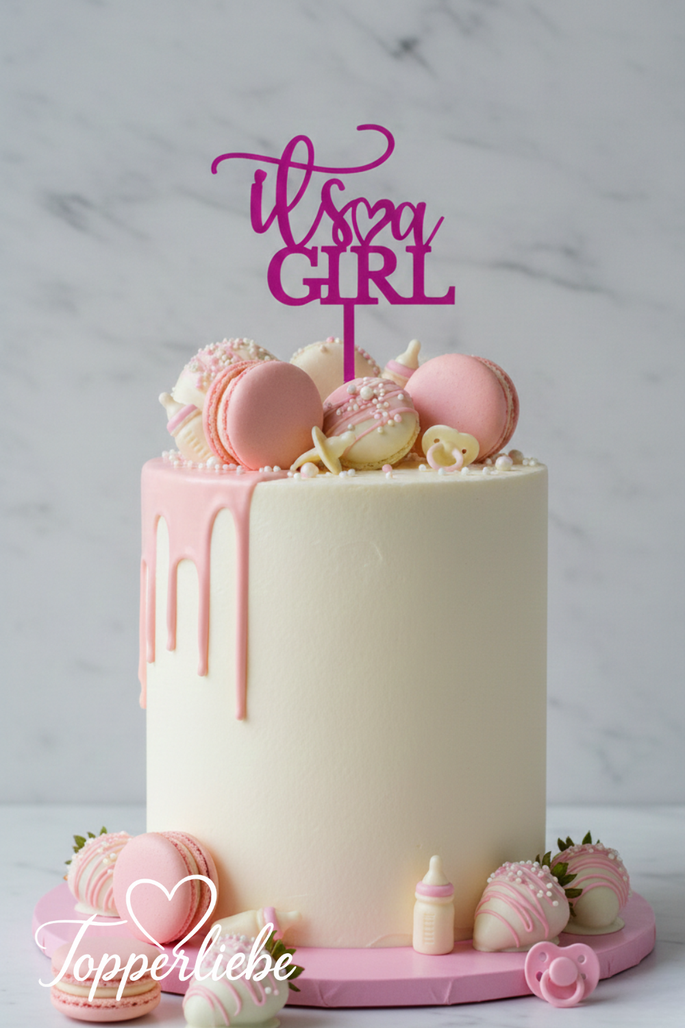 Torten Topper It’s a Girl mit Herz in Pink auf eleganter Babyparty Torte, Dekoration für Geburt oder Baby Shower Mädchen