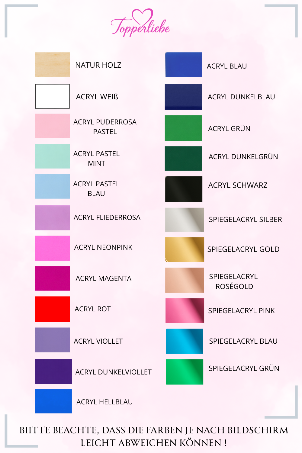 Farbpalette für personalisierte Cake Topper von Topperliebe mit 23 Acryl und Spiegelacryl Farben wie Gold Roségold Silber Pastell Mint Blau Pink Grün Schwarz