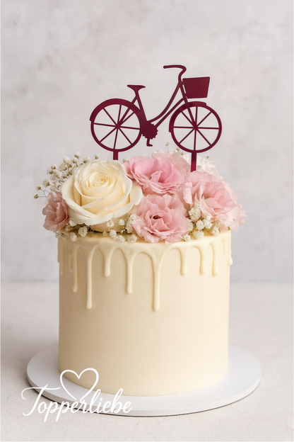 Topper Fahrrad mit Korb – moderne Tortendeko für Geburtstag, Hochzeit oder besondere Anlässe.