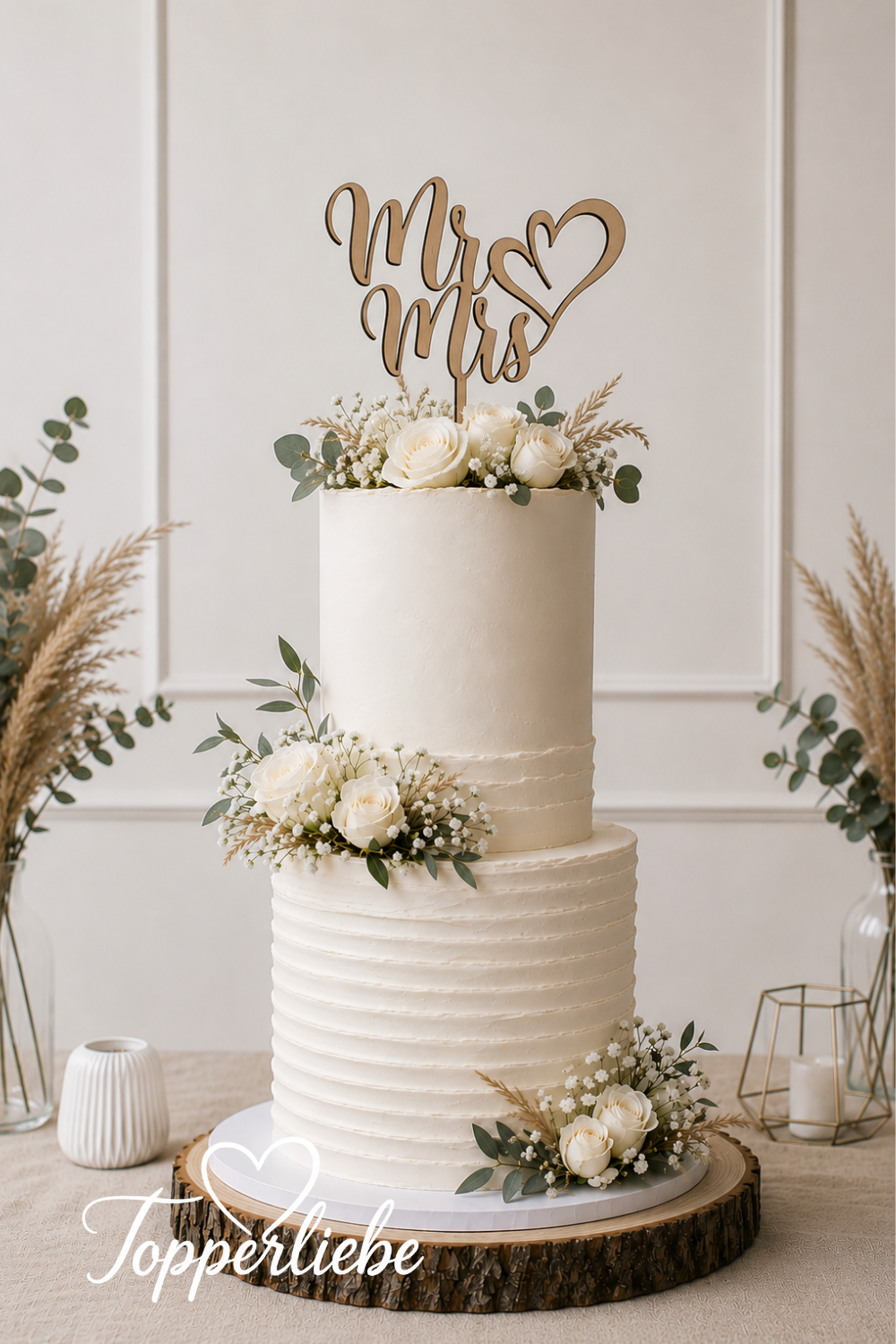 Cake Topper „Mr &amp; Mrs“ mit Herz auf einer eleganten Hochzeitstorte – moderne Tortendekoration für die Hochzeit.