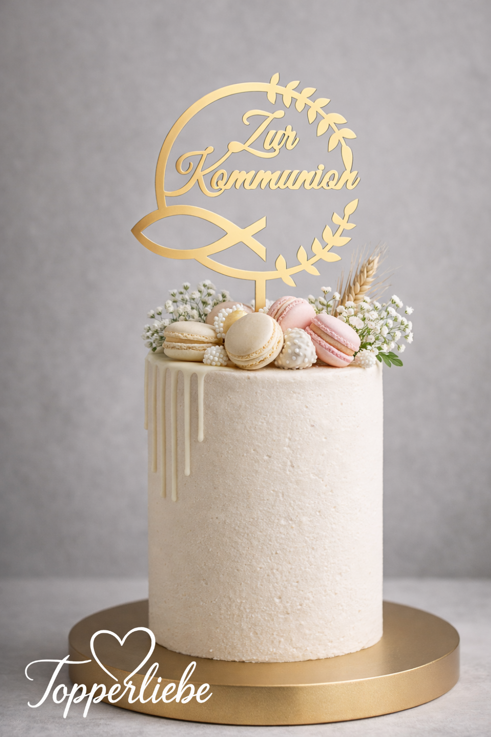 Cake Topper Zur Kommunion aus Spiegel Gold mit Fisch Symbol auf Kommunionstorte