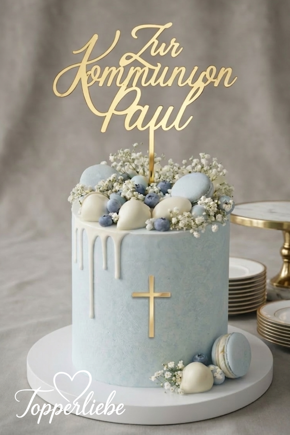 Personalisierter Tortenstecker Zur Kommunion mit Name aus spiegelndem Acryl als Tortendeko zur Erstkommunion