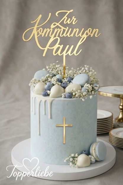 Personalisierter Tortenstecker Zur Kommunion mit Name aus spiegelndem Acryl als Tortendeko zur Erstkommunion
