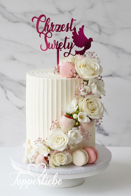 Chrzest Święty Torten Topper mit Taube auf eleganter weißer Torte mit Blumen und Makronen – festliche Tortendeko von Topperliebe