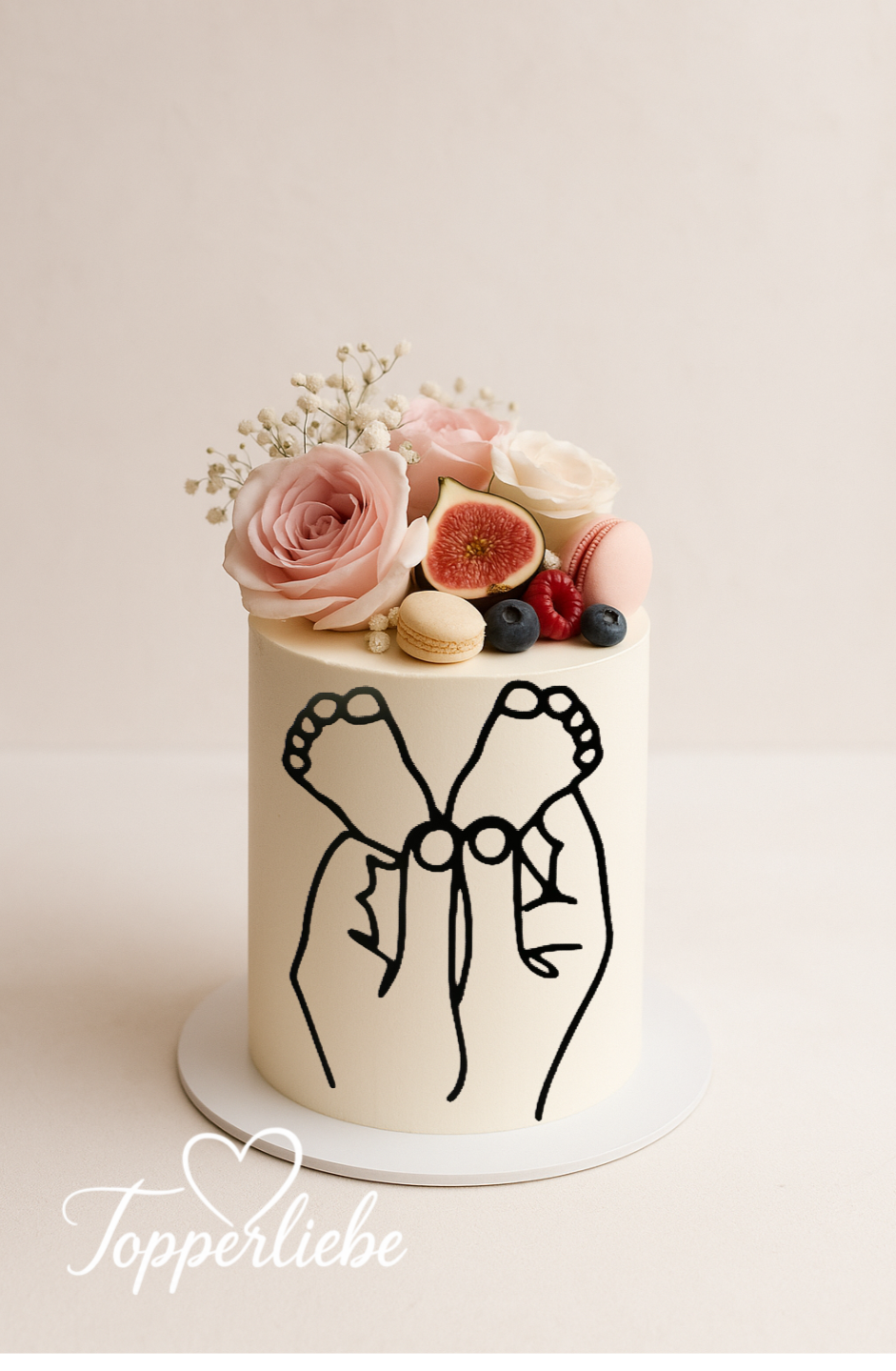 Dekor Line Art Silhouette Elternhände mit Babyfüßchen – liebevolle Tortendeko für Babyparty, Geburt oder junge Eltern.