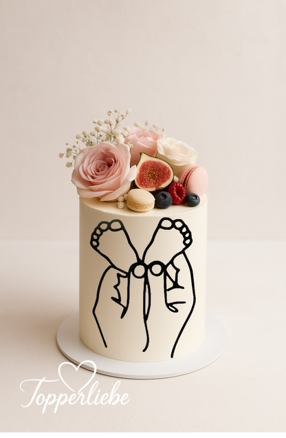 Dekor Line Art Silhouette Elternhände mit Babyfüßchen – liebevolle Tortendeko für Babyparty, Geburt oder junge Eltern.