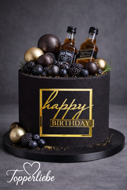 Goldenes quadratisches Happy Birthday Seitendekor auf schwarzer Geburtstagstorte