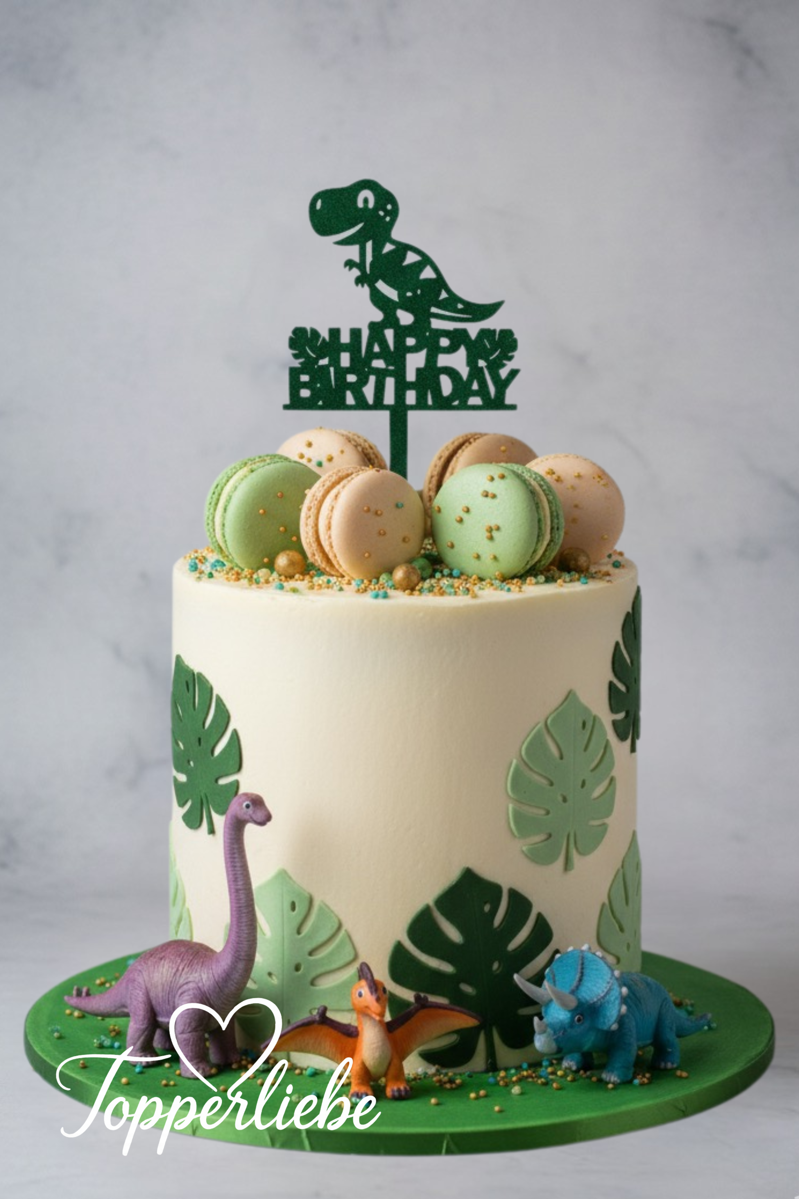 Happy Birthday Topper mit Dinosaurier auf Geburtstagstorte – liebevolle Tortendeko von Topperliebe