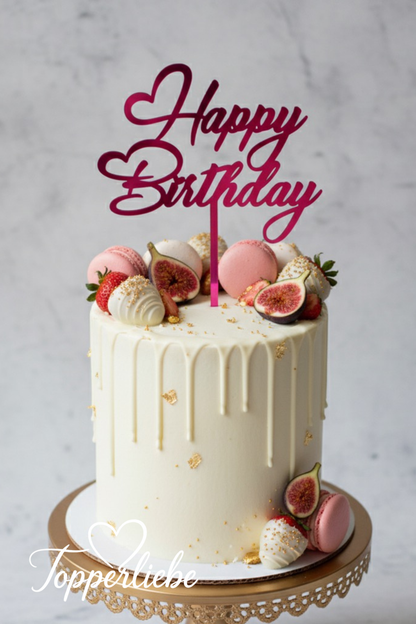 Happy Birthday Torten Topper Motiv 2 mit Herz-Buchstaben im Wort – eleganter Acryl Topper für Geburtstagstorten