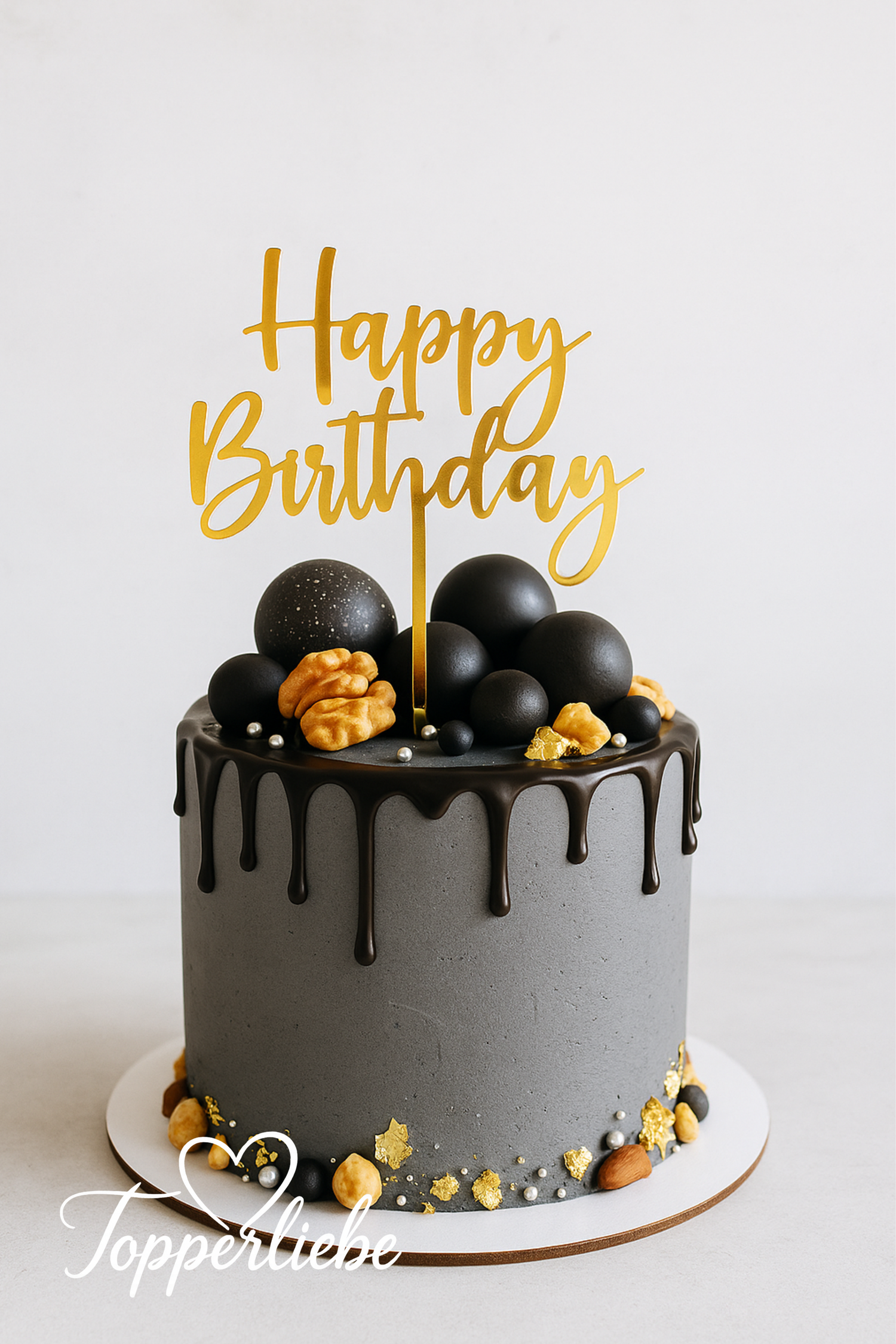 Happy Birthday Torten Topper – Motiv 1 auf modernem Tortendesign mit eleganten Dekorationen.