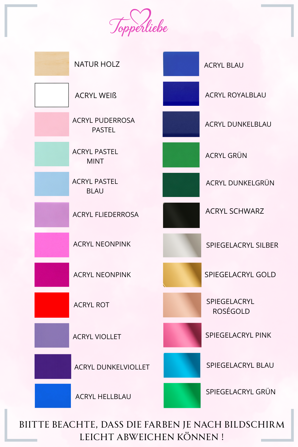 Farbpalette für personalisierte Cake Topper von Topperliebe mit 24 Acryl und Spiegelacryl Farben wie Gold Roségold Silber Pastell Mint Blau Pink Grün Schwarz