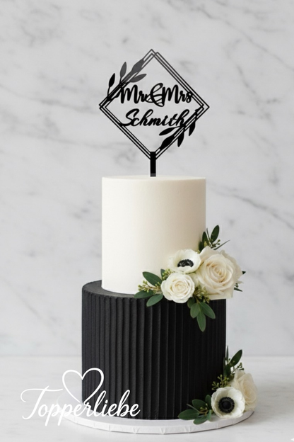 Geometrischer Mr &amp; Mrs Torten Topper mit Nachname – eleganter Hochzeitstopper in modernem Stil