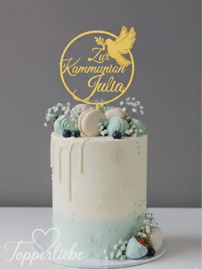 Cake Topper zur Kommunion mit Name, runder Kreis mit Taube in goldener Optik auf Torte-video

