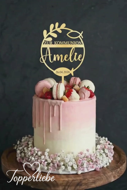 Tortentopper Kommunion mit Name &amp; Datum – Fisch Symbol Cake Topper Kommunion