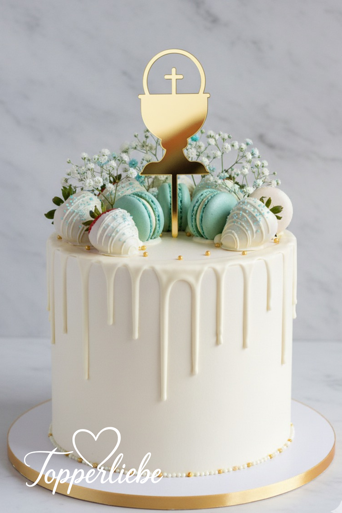 Kelch Torten Topper mit Kreuz und Hostie – elegantes Design in Spiegelacryl Gold, perfekt für Kommunion oder Konfirmation – Topperliebe