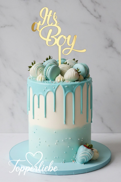 Torten Topper It’s a Boy in Spiegelacryl Gold auf hellblauer Baby Shower Torte – Topperliebe