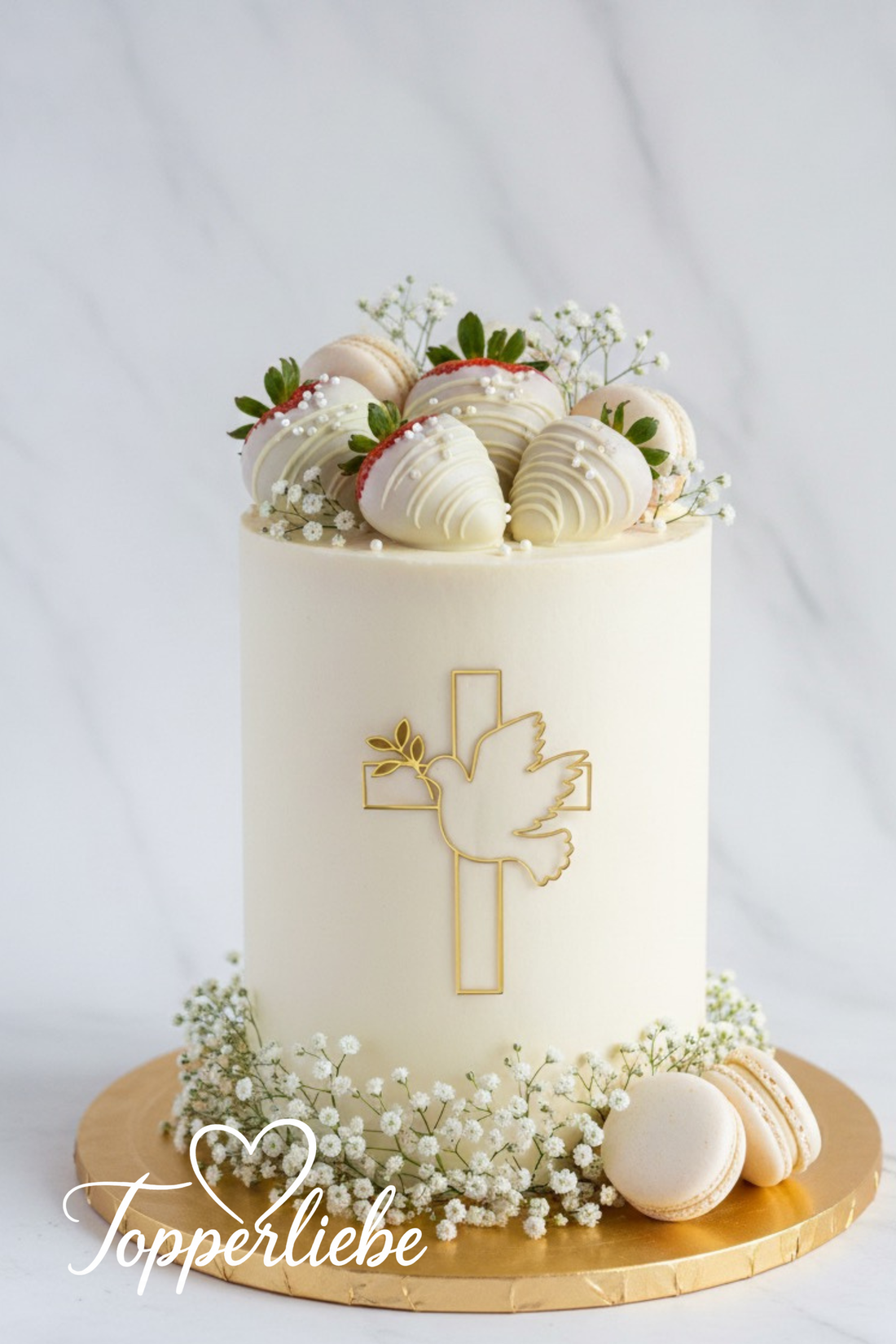 Dekor Kreuz mit Taube – Motiv 2 in Spiegelacryl Gold, religiöses Symbol für Taufe oder Kommunion, seitlich am weißen Tort platziert – Topperliebe