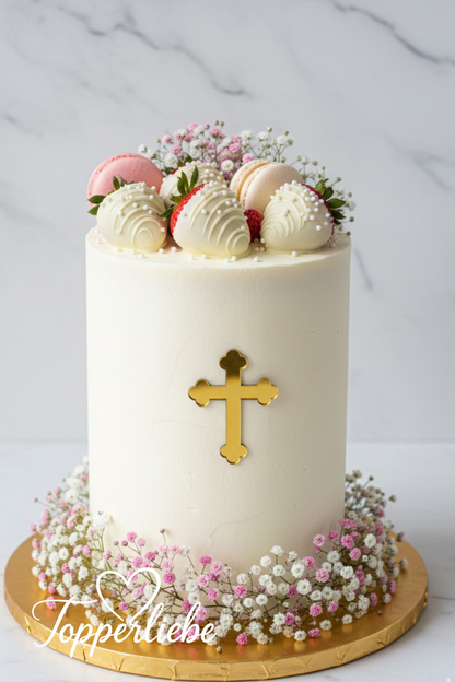 Dekor Kreuz Variante 1 in Spiegelacryl Gold – klassisches religiöses Motiv für Taufe oder Kommunion, seitlich am weißen Tort platziert – Topperliebe