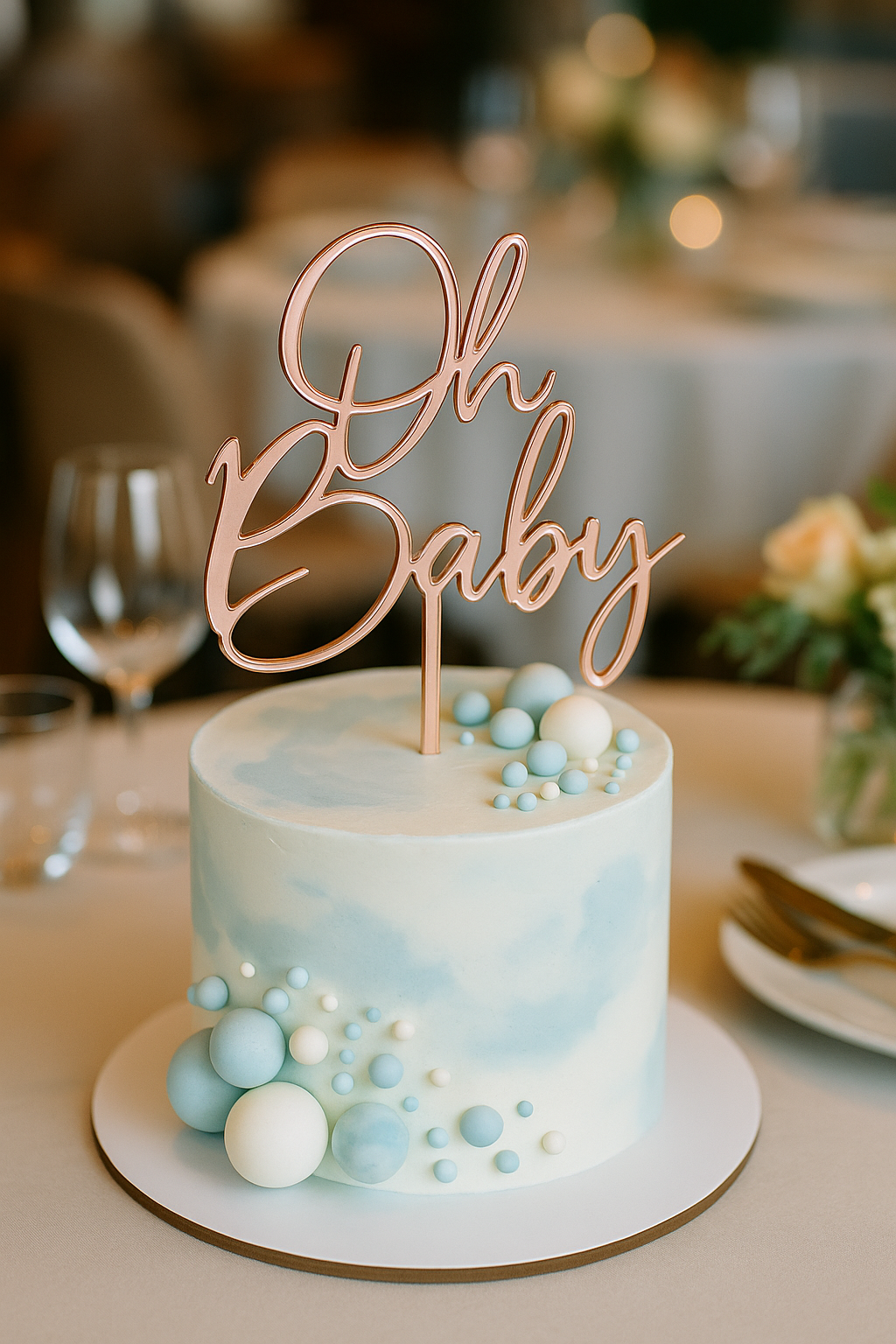 Elegante Torte mit dem Schriftzug-Topper „Oh Baby“ in Spiegelacryl Roségold – perfekte Tortendeko für Babyshower oder Taufe.