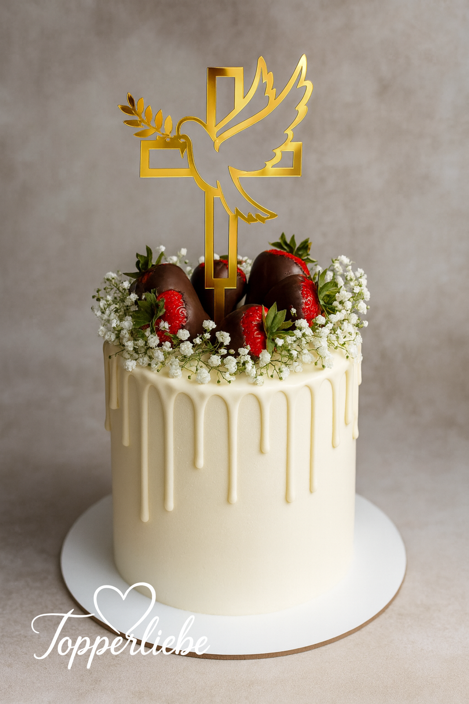 Torten Topper mit Taube und Kreuz in Spiegelacryl Gold – stilvolle Tortendeko für Taufe oder Kommunion