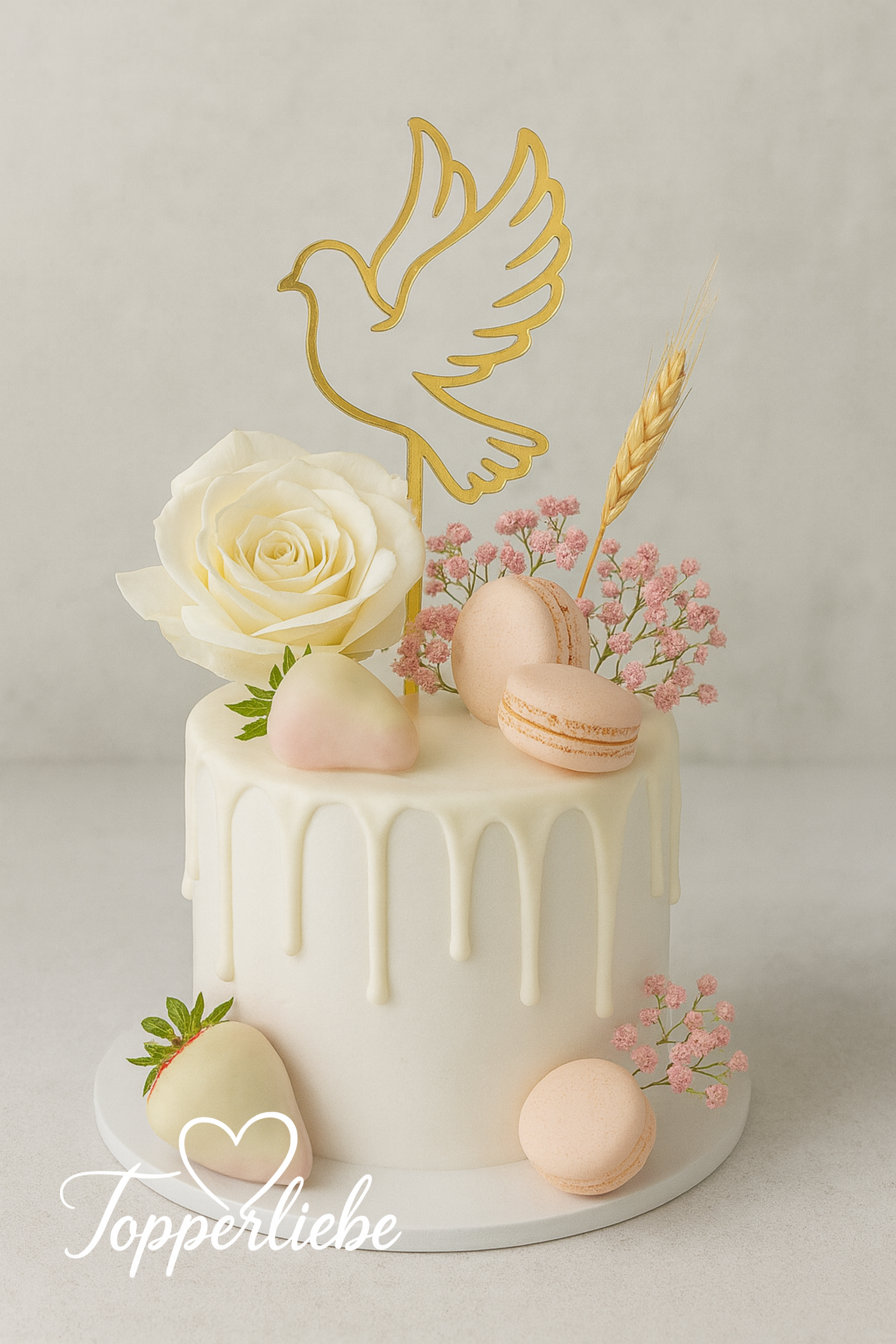 Elegante Kommunionstorte mit goldenem Torten-Topper in Form einer fliegenden Taube als Silhouette, dekoriert mit weißen Rosen, Macarons und zarten Blumen.