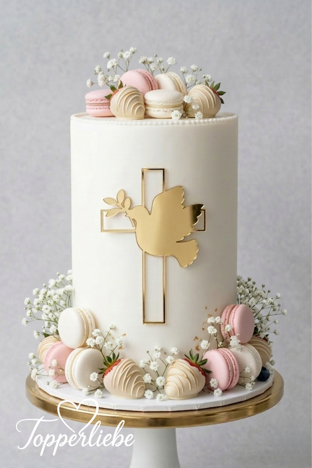 Cake Topper Konfirmation Kreuz mit Taube aus Spiegel Acryl in Gold auf eleganter Torte