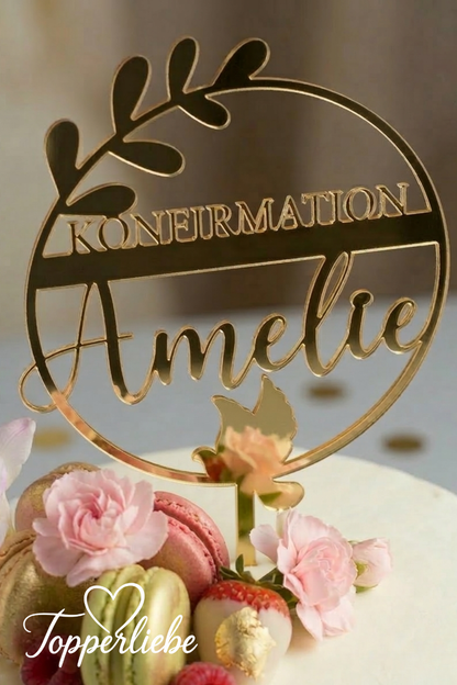 Personalisierter Tortenstecker Konfirmation mit Taube und Name aus Acryl auf eleganter Torte, moderne Dekoration für Konfirmation