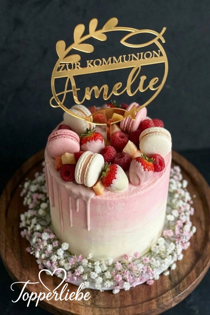 Cake Topper Kommunion Fisch Symbol personalisiert mit Name als elegante Tortendeko für Erstkommunion