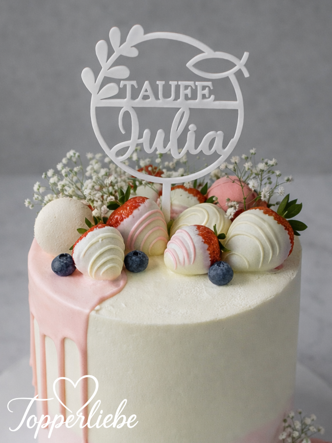 Eleganter Torten Topper Taufe personalisiert im schlichten Design
