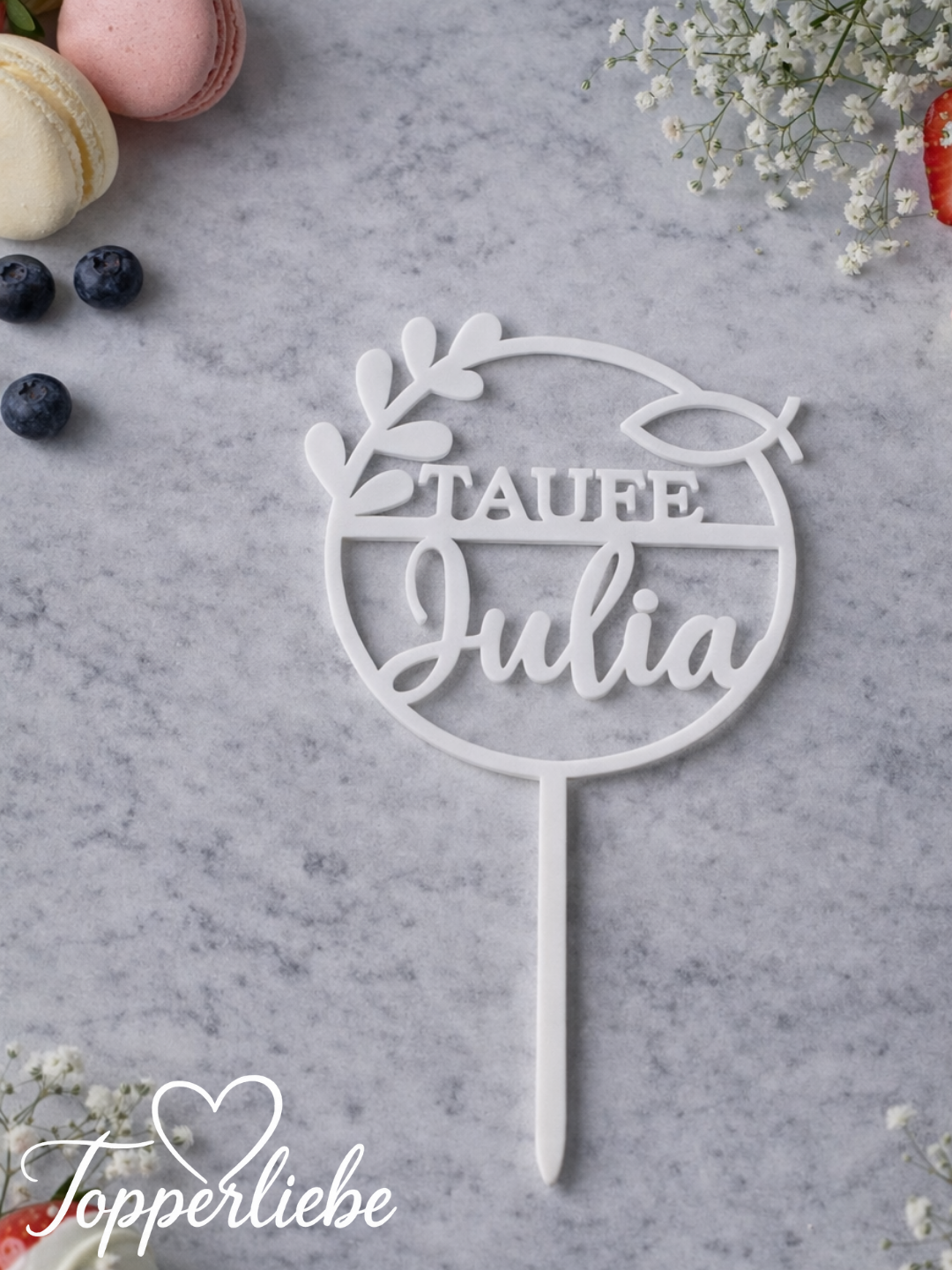 Tauf Topper mit Fisch und Name für festliche Tortendekoration